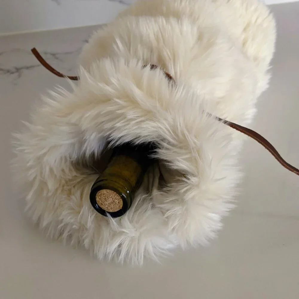 RESTORATION HARDWARE Creme Faux Fur Wine Bag Leather Ties